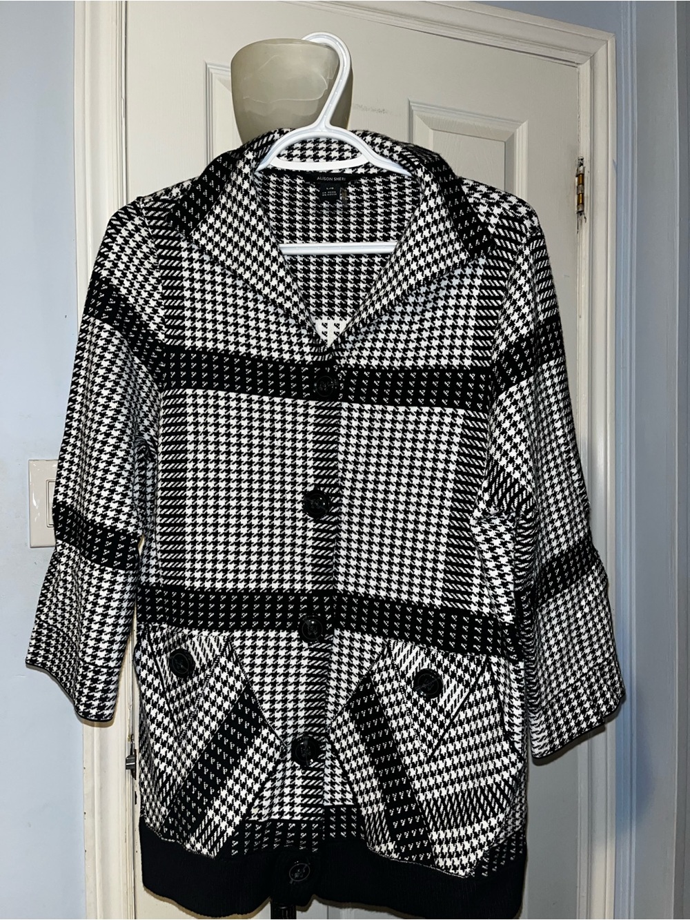 Black & White Houndstooth Pea Coat - Tailored Collar